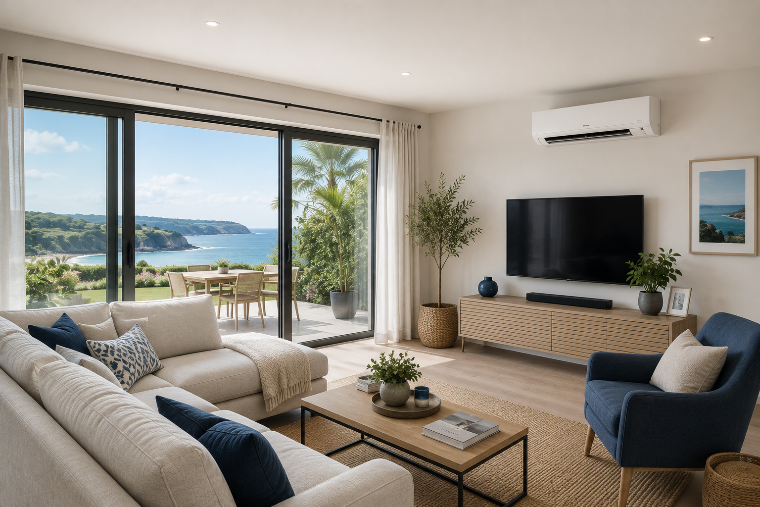 Modern Jersey living room with a discreet wall-mounted air conditioning unit